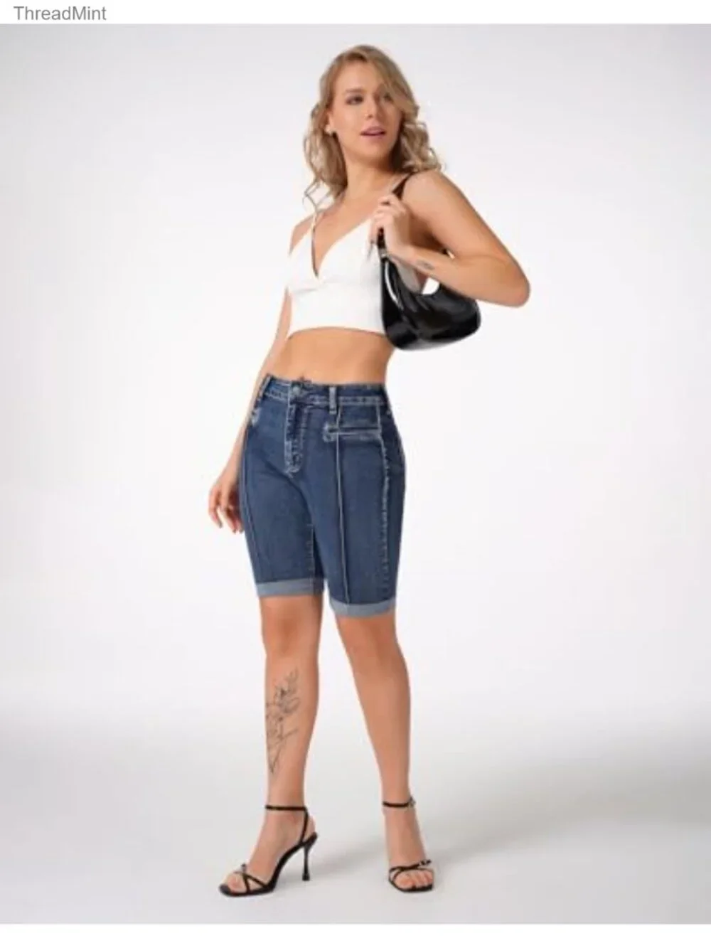 Women's Stretchy Skinny Knee Length Bermuda Jean Shorts with Front Seam Cuffed